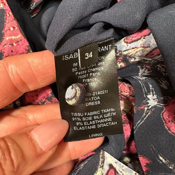 Isabel Marant Batoa Dress Navy Pink Floral Silk Crepe Long Sleeved Neck Tie NWOT - Picture 14 of 16